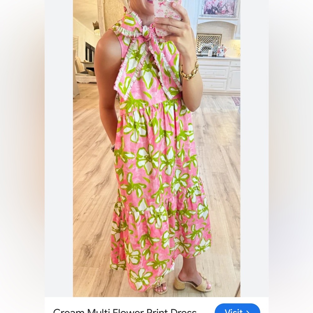 Pink Floral Maxi Dress with Green Accents